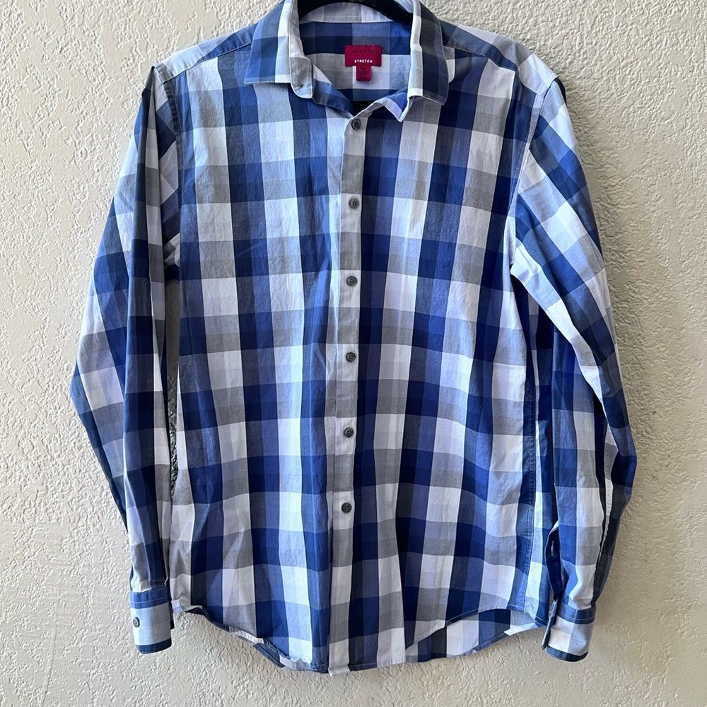 Alfani Slim Fit Button Down Shirt Lot Of 2 Blue & Checkered Men's M 34/35 15.5' - Picture 2 of 13